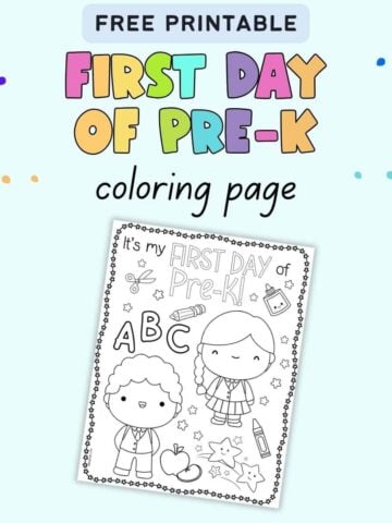 Text "free printable first day of pre-k coloring page" with a preview of a coloring page featuring two young students and school supplies