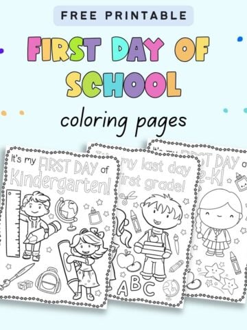 Text "free printable first day of school coloring pages" with a preview of three coloring pages for kids