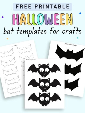 Text " Free printable Halloween bat templates for crafts" with a preview of three printable bat template pages