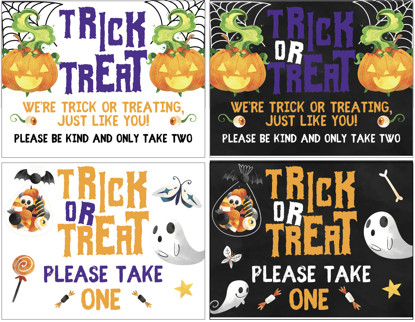 Four printable Halloween candy bowl signs. Two have a white background and two a chalkboard background