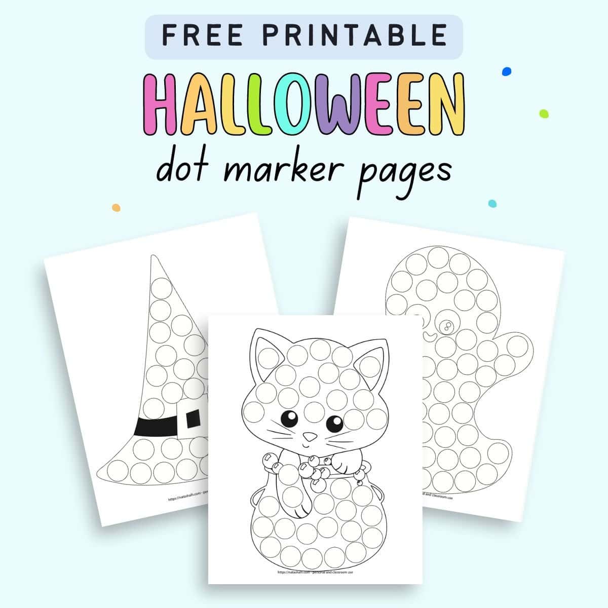 Text "free printable Halloween dot marker pages" with a preview of three Halloween themed dot marker coloring pages