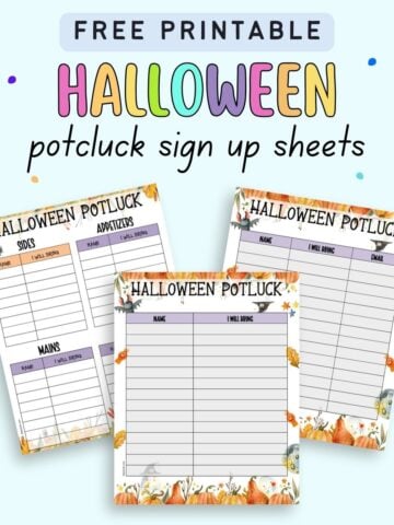 Text "free printable Halloween potluck sign up sheets" with a preview of three potluck sign up pages