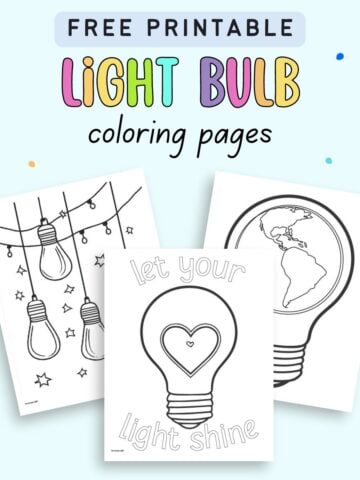 Text "free printable light bulb coloring pages" with a preview of three lightbulb coloring sheets