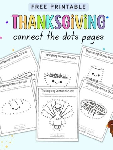 Text "free printable Thanksgiving connect the dots pages" with a preview of six pages