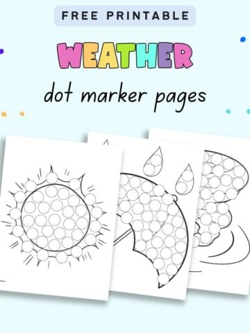 Text "free printable weather dot marker pages" with a preview of three dot marker coloring pages