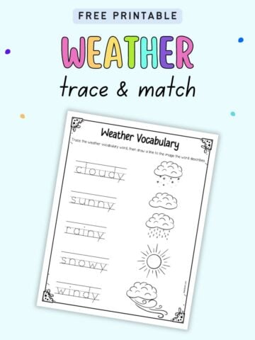 Text "free printable weather trace & match" with a preview of a weather vocabulary worksheet