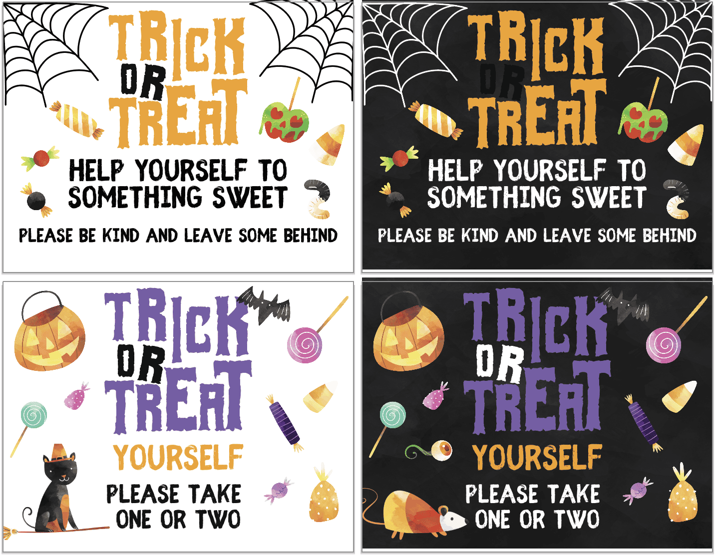 Four printable Halloween candy bowl signs. Two have a white background and two a chalkboard background