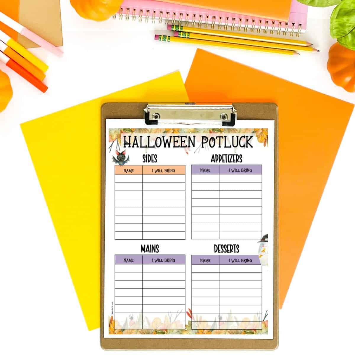 A halloween potluck sign up sheet on a clip board on a. desk with orange papers, pencils, and pumpkins 