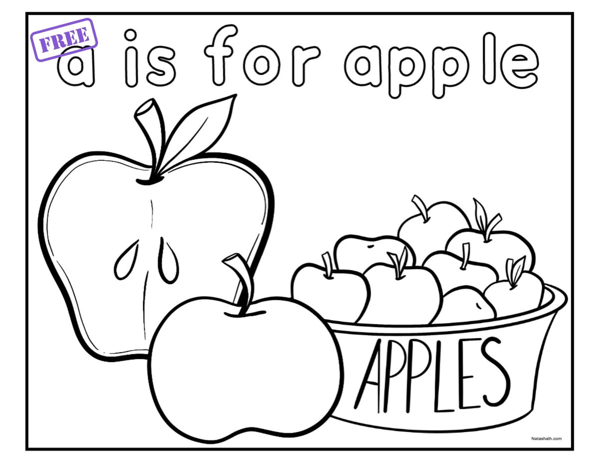 A coloring page with the text "a is for apple" in a bubble font to color along with a basket of apples, a cut open apple, and a whole apple