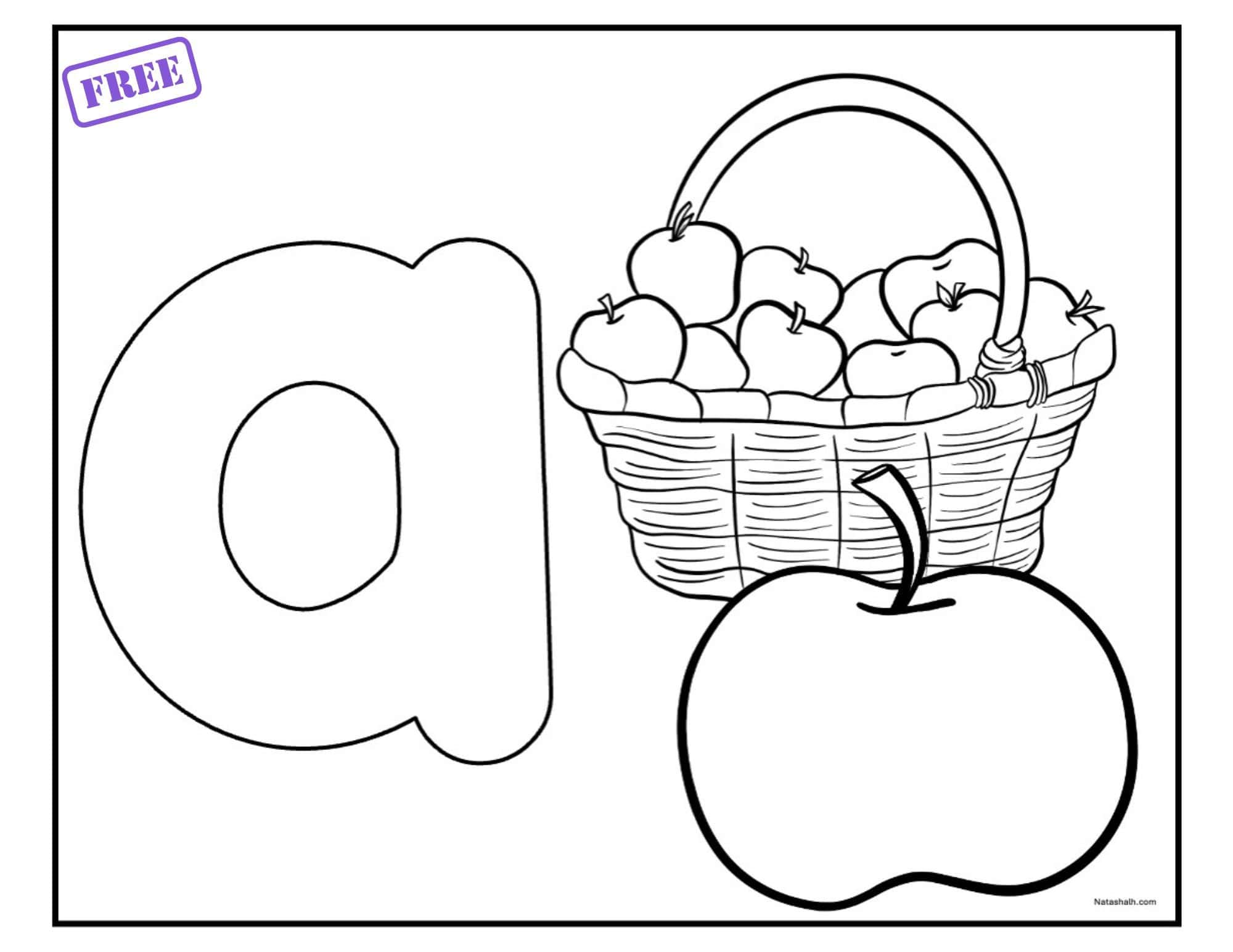 A lowercase bubble a to color with a basket of apples and a single apple in front of the basket