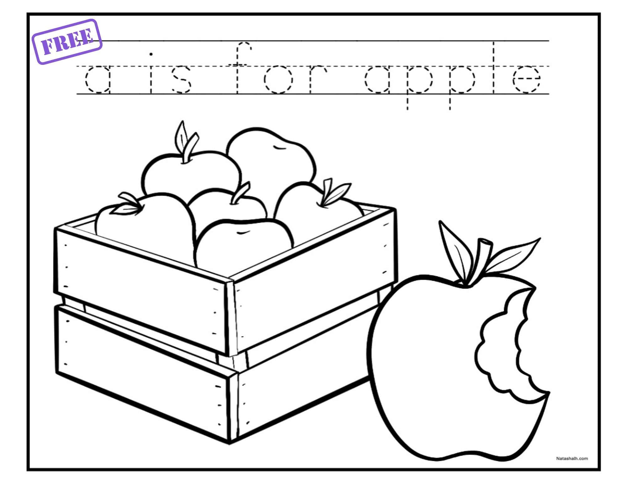 A coloring page with the text "a is for apple" in a dotted font to trace along with a crate of apples and a bitten apple