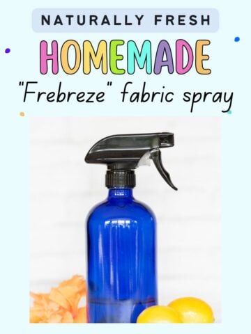 Text "naturally fresh homemade frebreze fabric spray" with a picture of a blue glass spray bottle