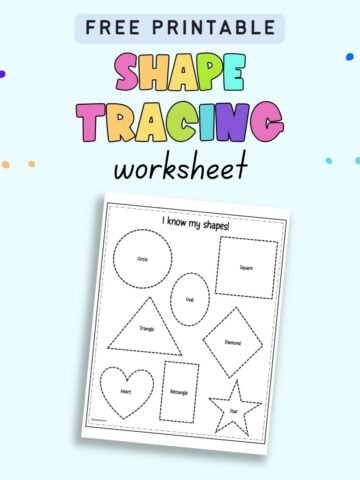 Text "Free printable shape tracing worksheet" with a preview of a worksheet with eight shapes to trace