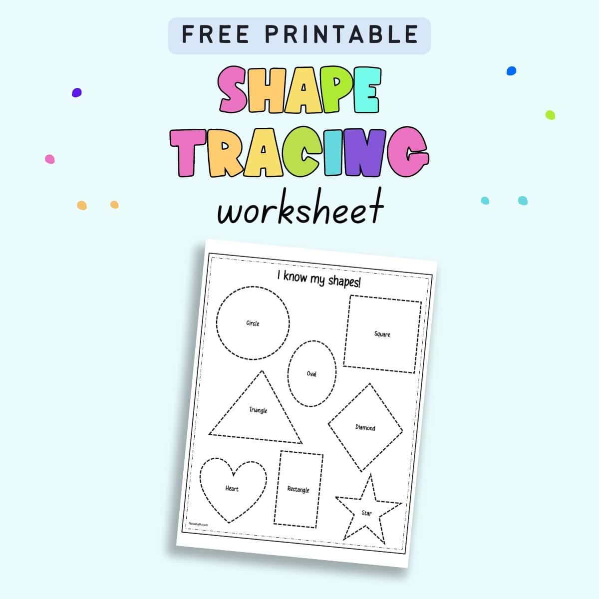 Text "Free printable shape tracing worksheet" with a preview of a worksheet with eight shapes to trace