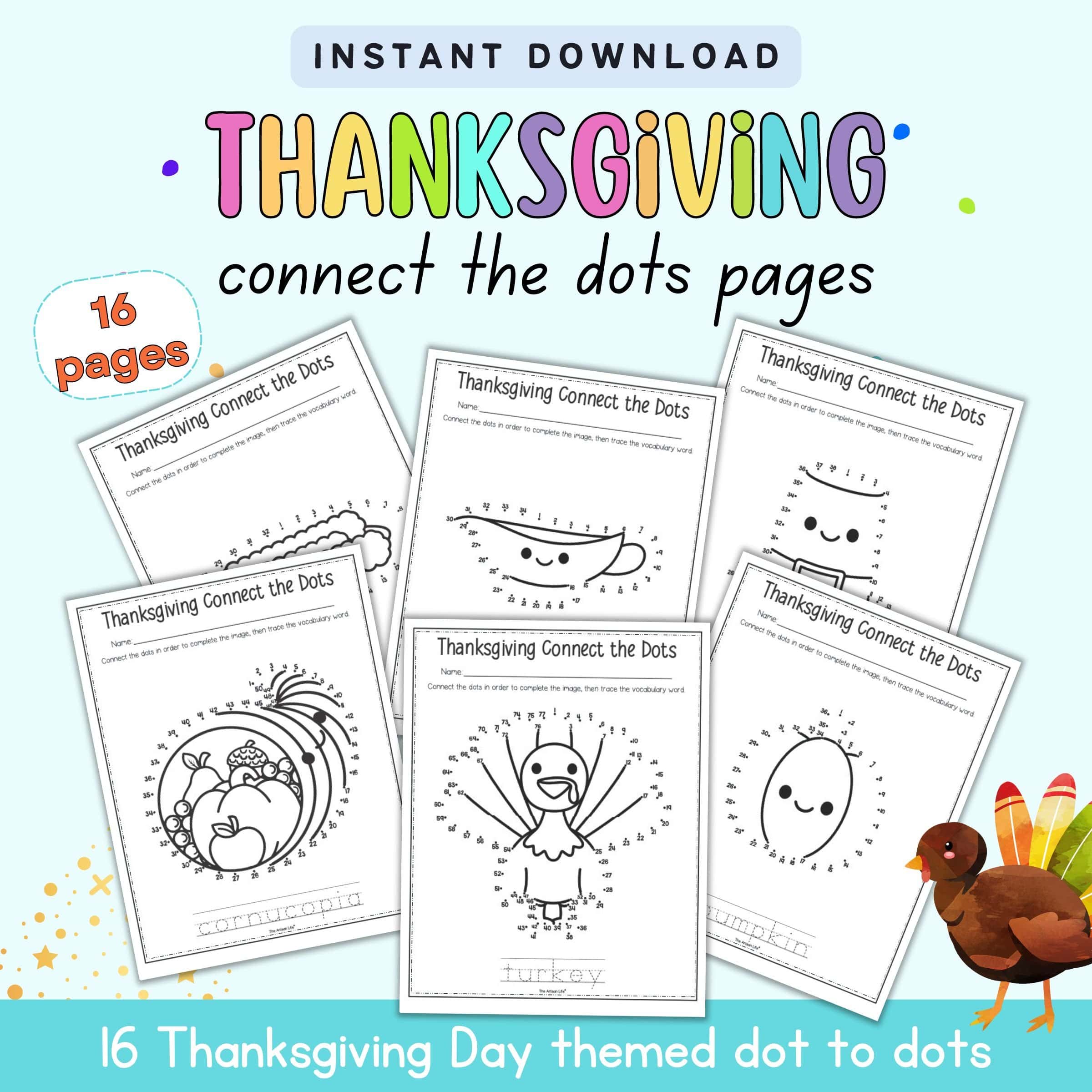 Text "instant download Thanksgiving connect the dots pages - 16 pages" with a preview of six connect the dots pages