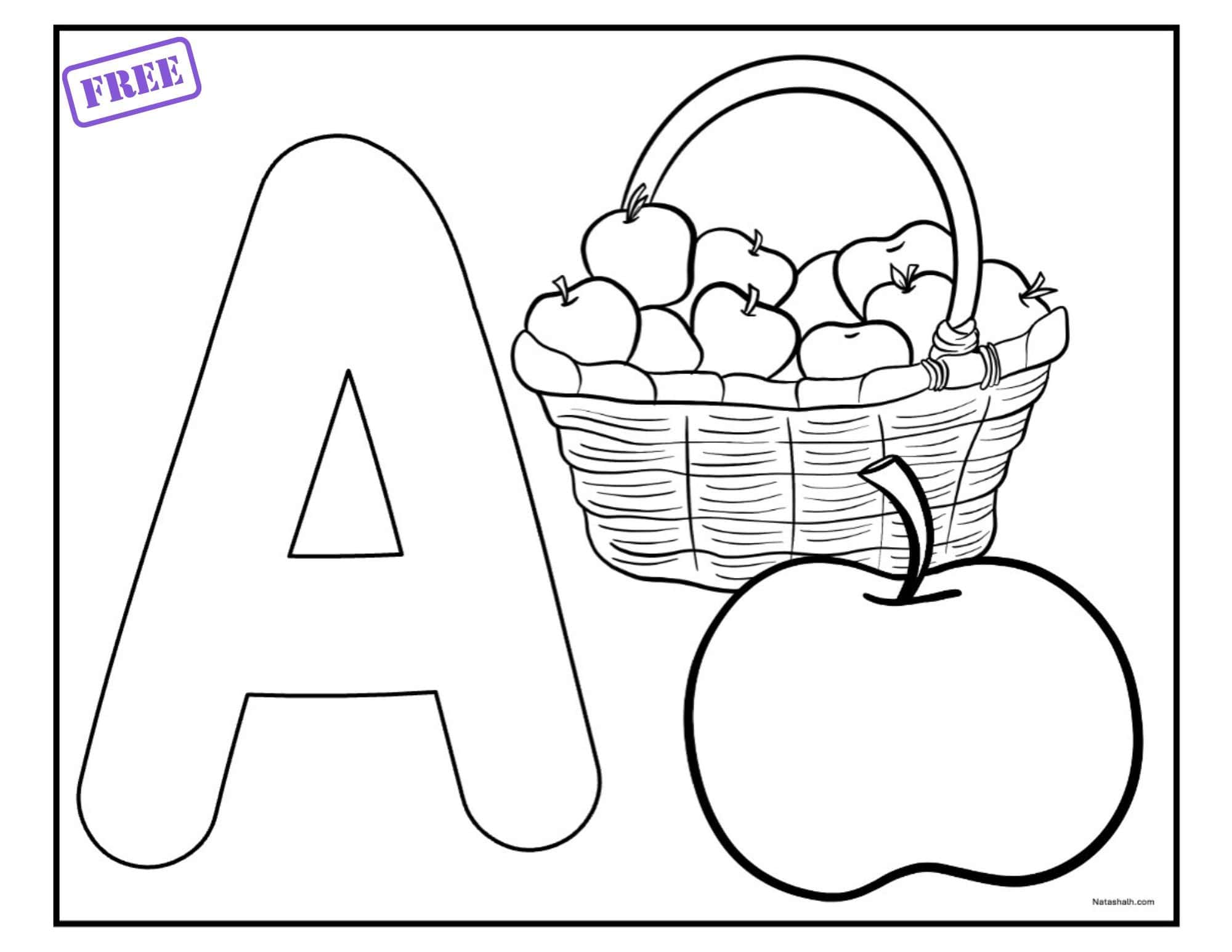 An uppercase bubble A to color with a basket of apples and a single apple in front of the basket