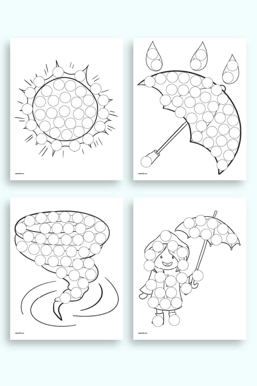 A preview of four weather themed dot marker pages including: a sun, an umbrella with rain, a tornado, and a girl with an umbrella