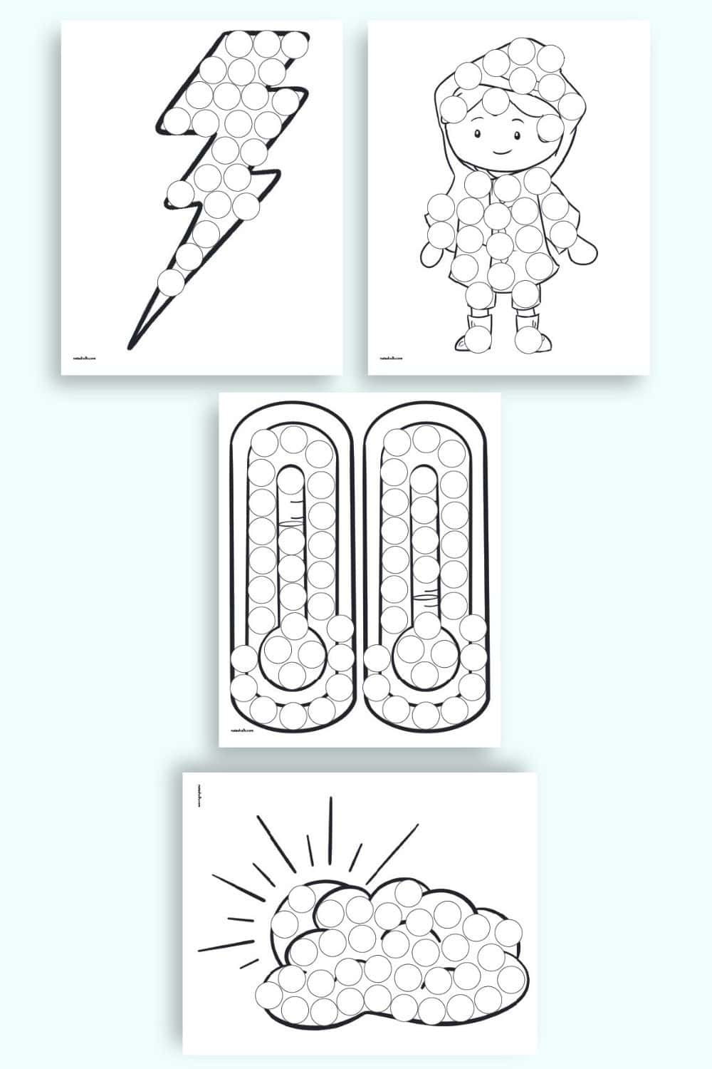 A preview of four weather themed dot marker pages including: a lightning strike, a boy with a rain jacket, a pair of thermometers, and a cloud with a sun