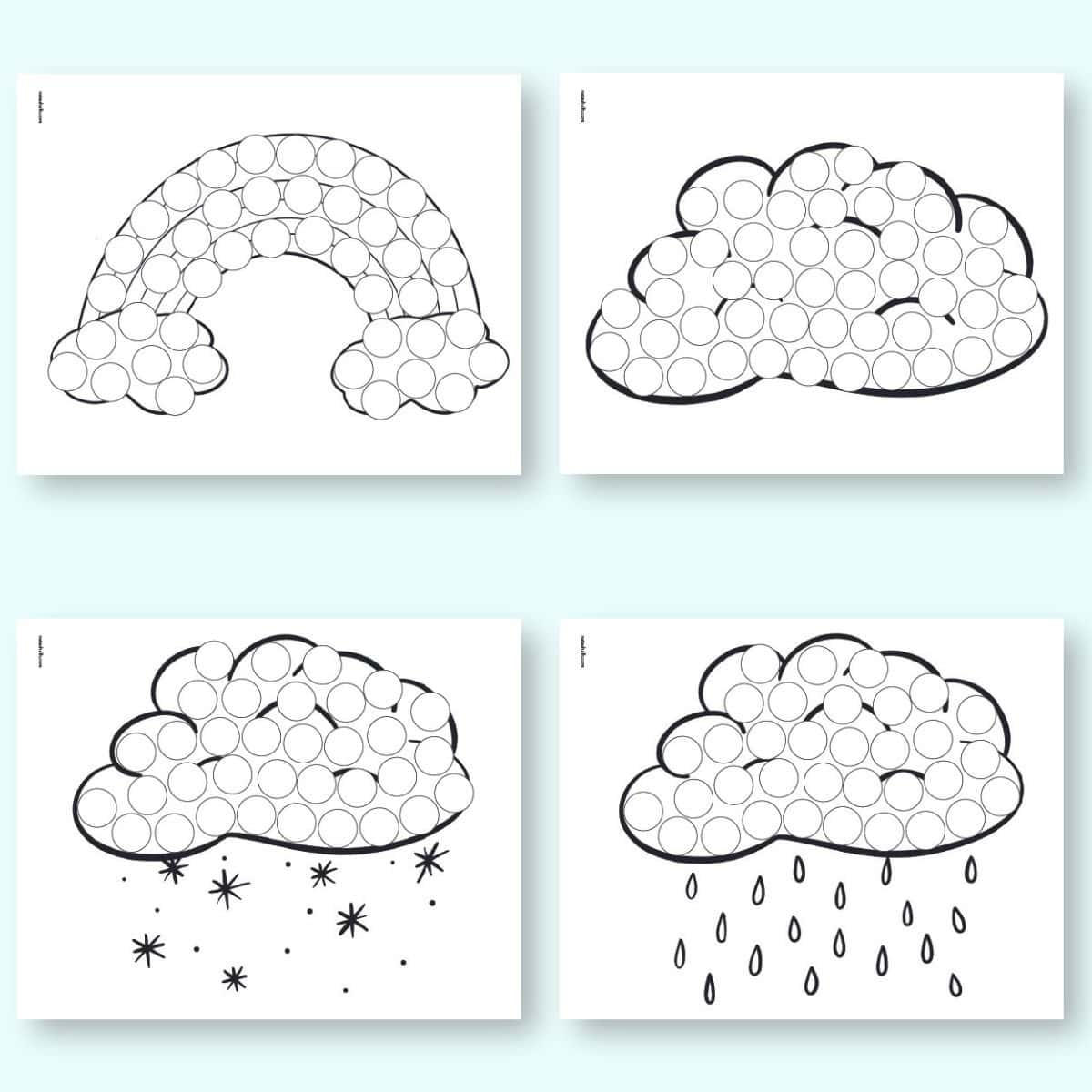 A preview of four weather themed dot marker pages including: a rainbow, a cloud, a raining cloud, and a snowing cloud