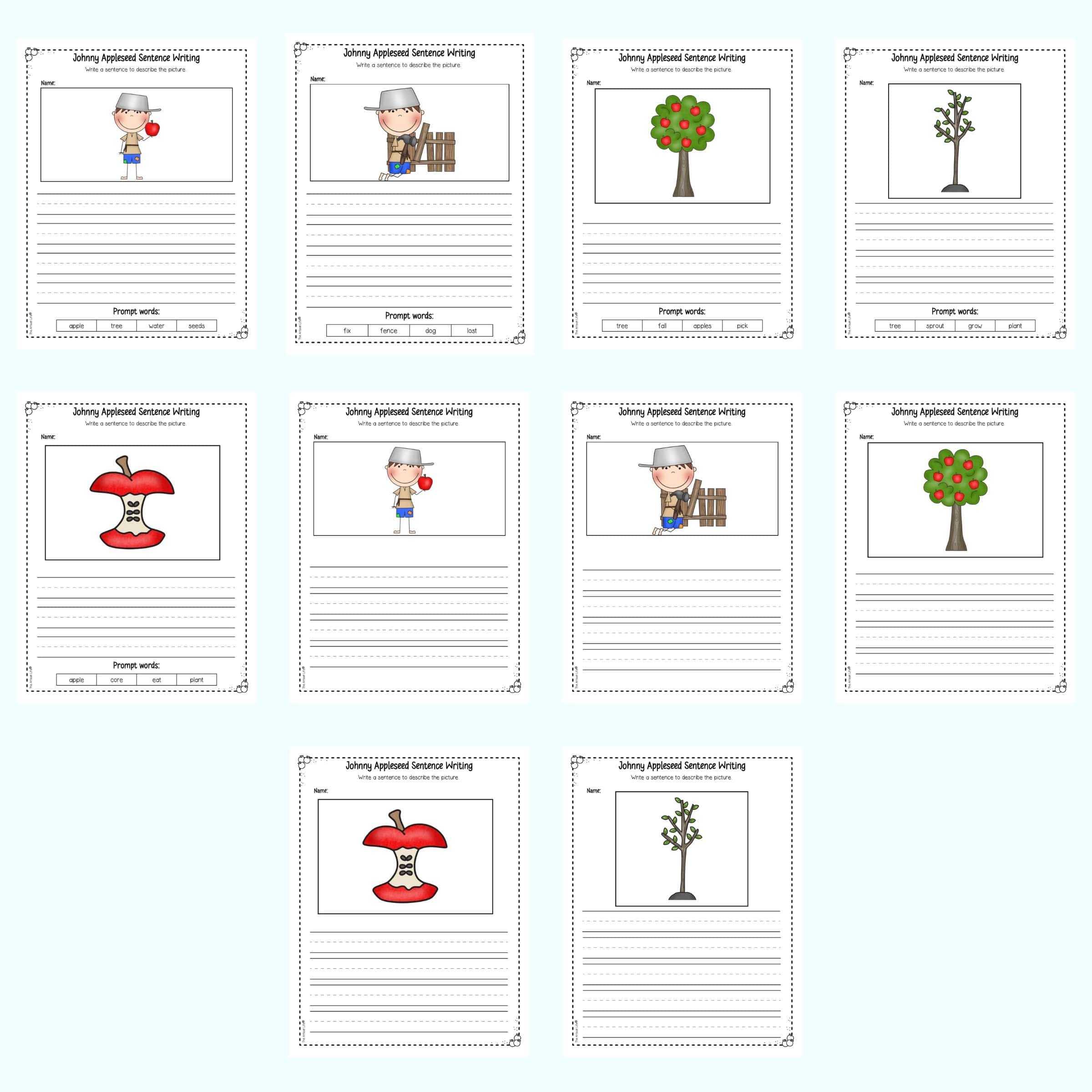 10 Johnny applied writing prompt activities. Each page has an image and space for children to write a sentence. Five pages have a word bank and five pages do not.