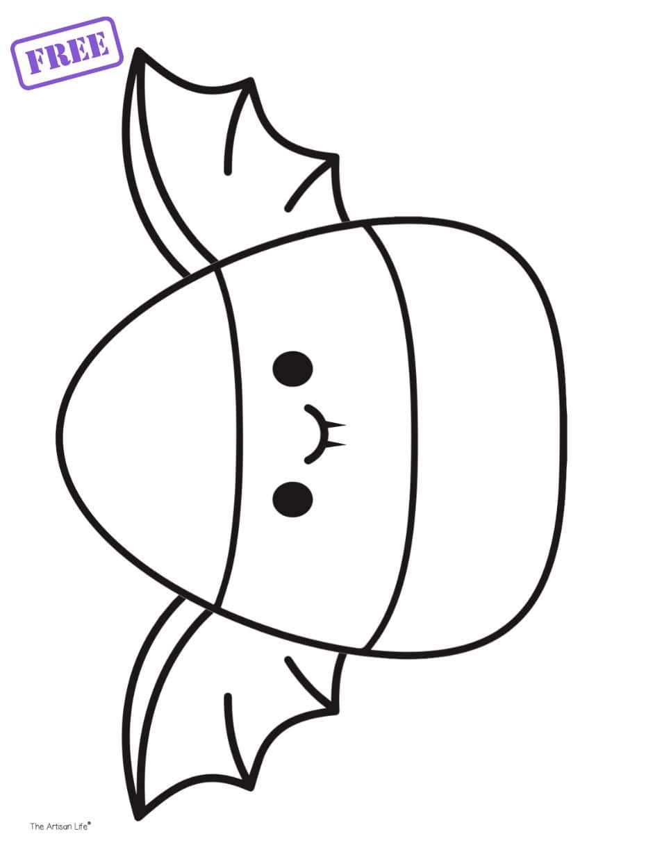 A candy corn coloring page showing a piece of candy corn with bat wings and vampire bat fangs