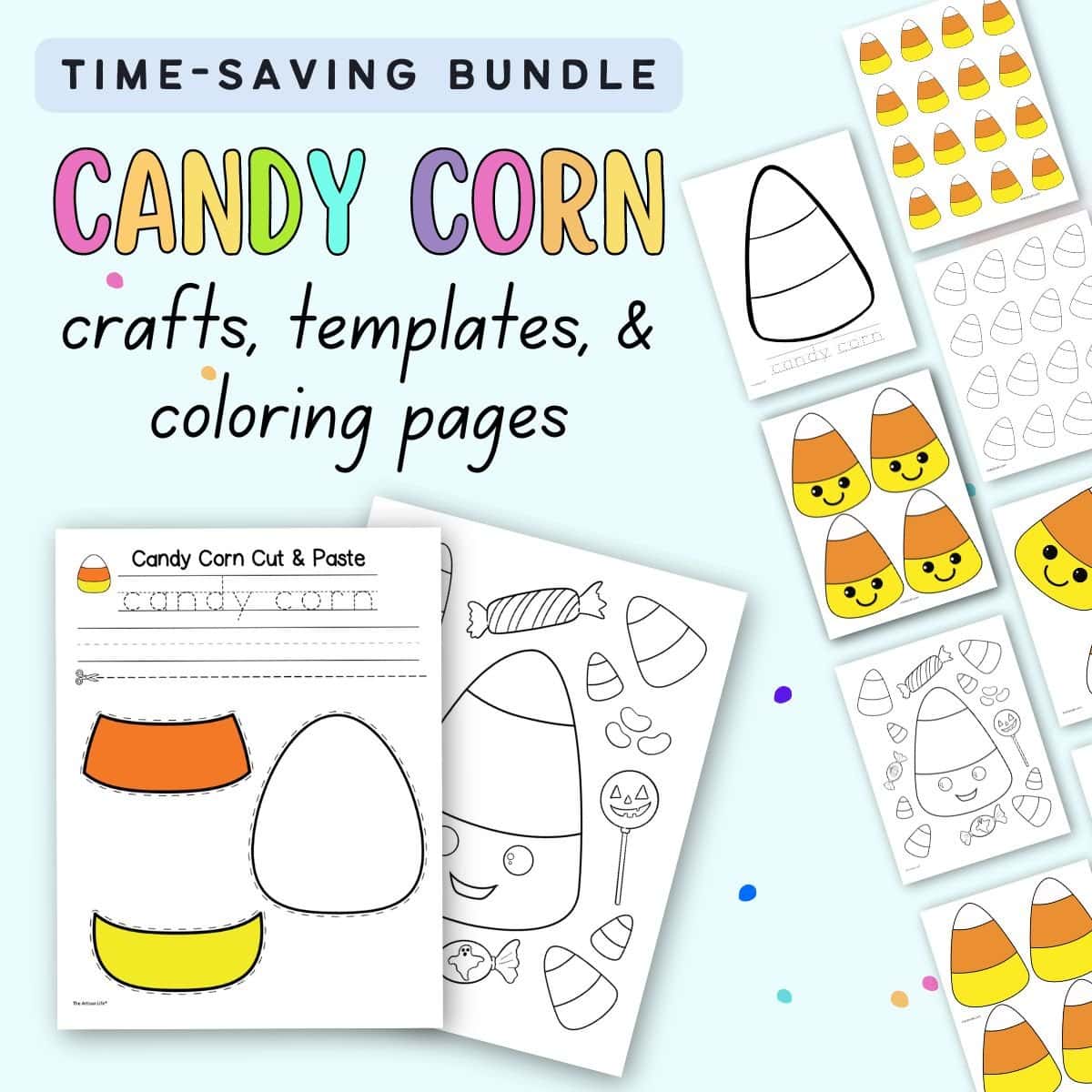 Text "time-saving bundle candy corn crafts, templates, and coloring pages" with a preview of candy corn crafts and templates