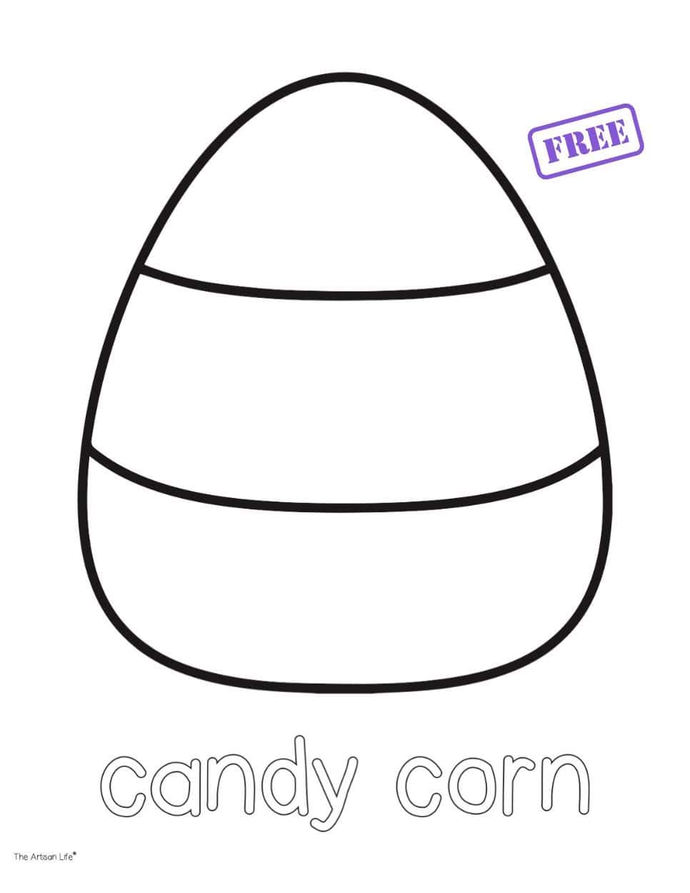 A candy corn coloring page showing a piece of candy corn and the words "candy corn" in a bubble font