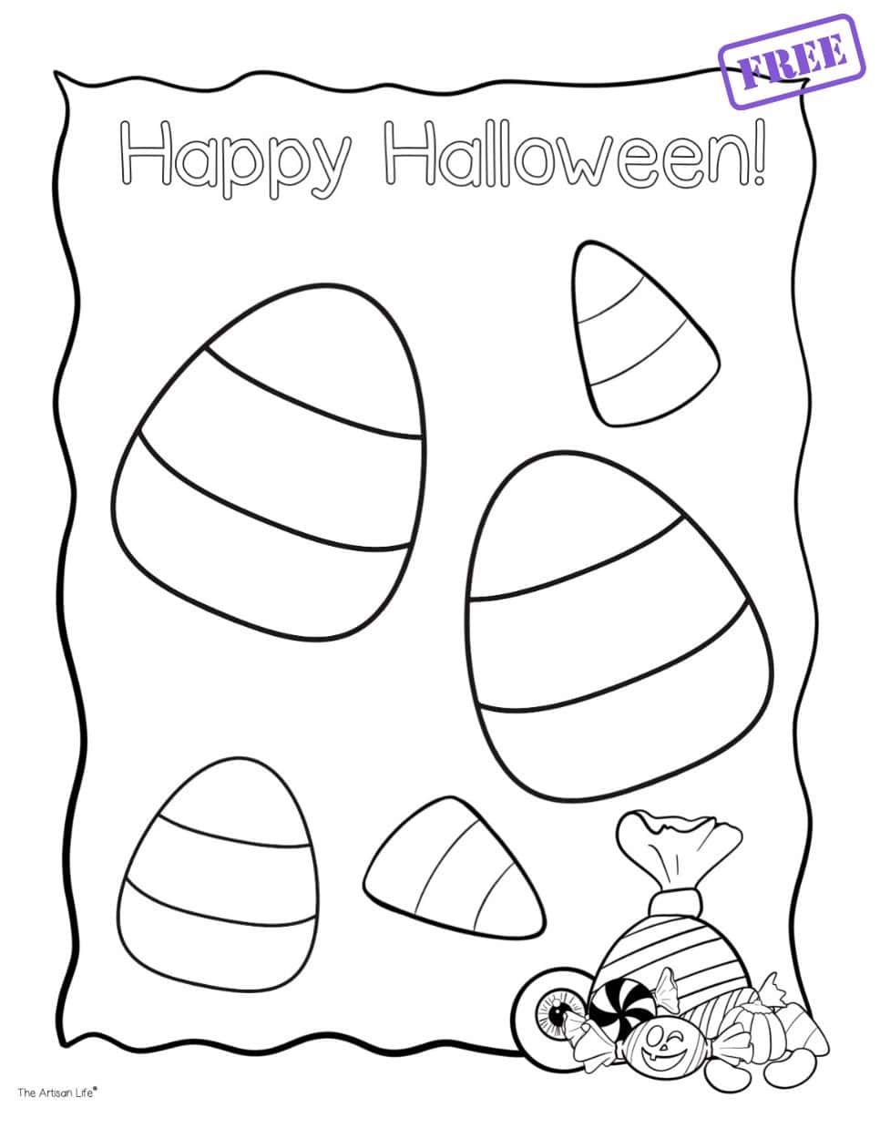 Five pieces of candy corn and the text "Happy Halloween!" in a bubble font