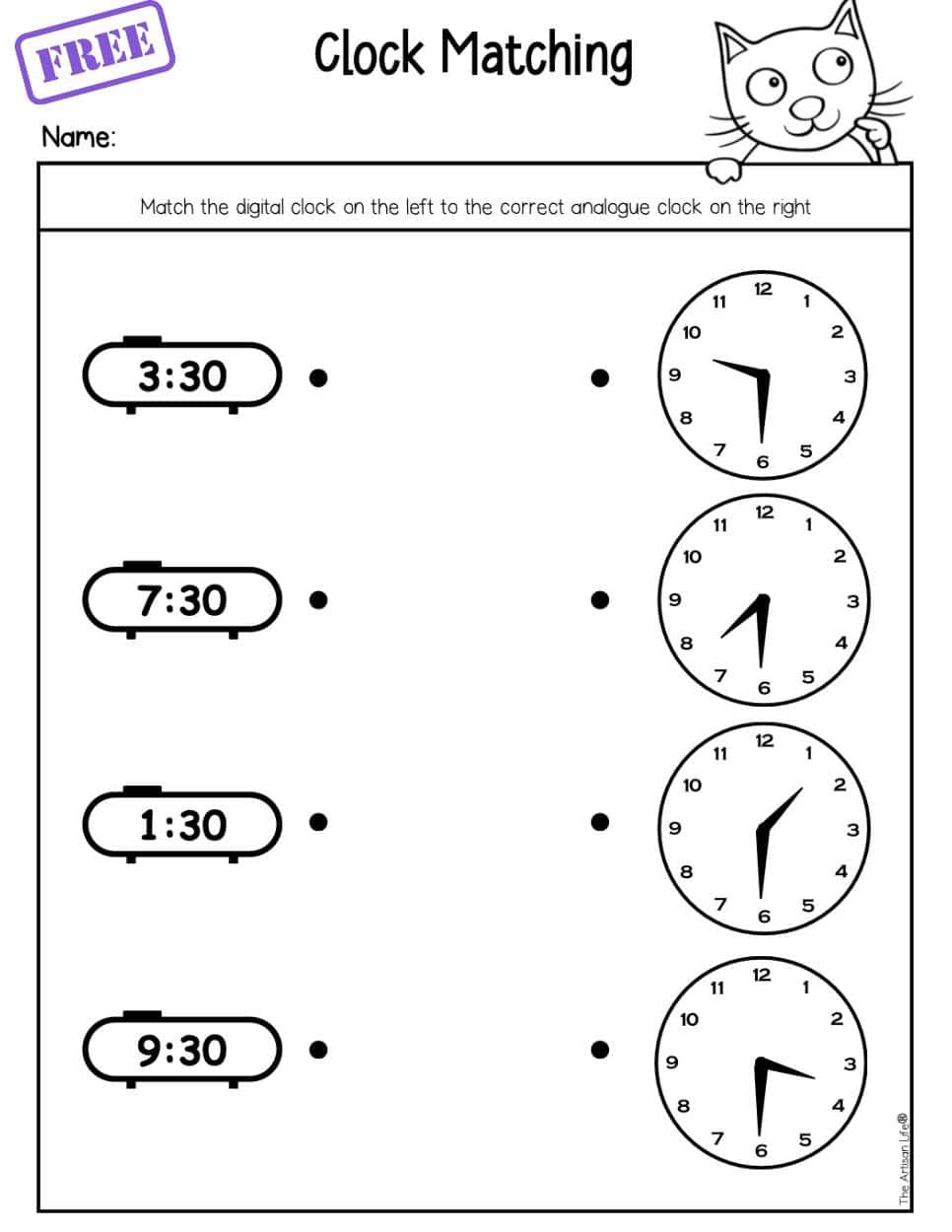 a clock matching worksheet showing analogue and digital clocks with half hour times