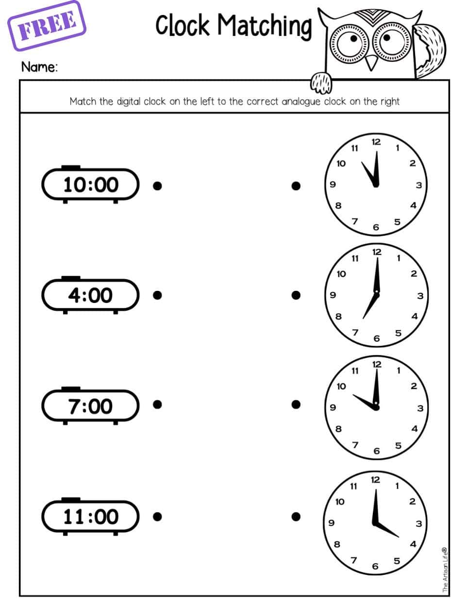 a clock matching worksheet showing analogue and digital clocks with whole hour times