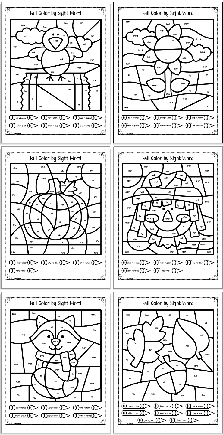 A 2x3 grid with six pages of fall color by sight word sheets for first grade students