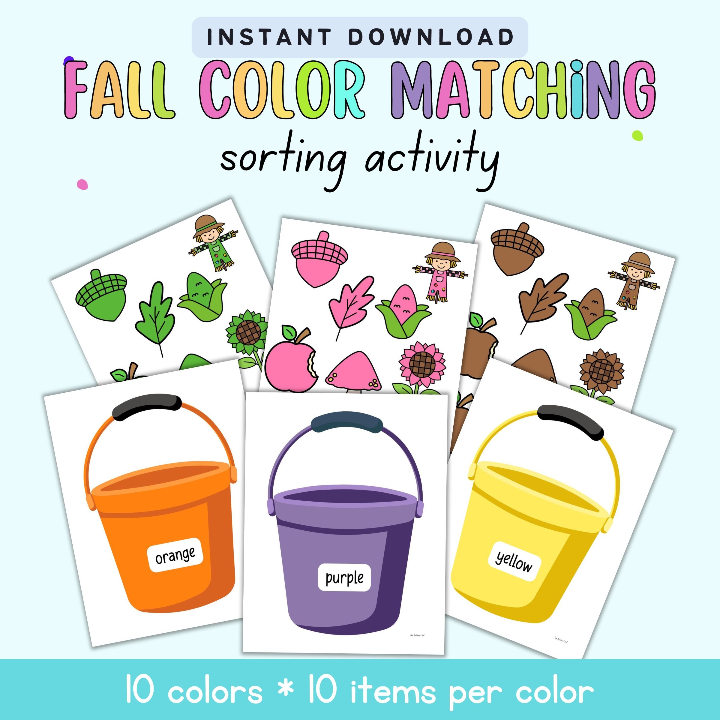 Tet "instant download fall color matching sorting activity - 1o colors 10 items per color"