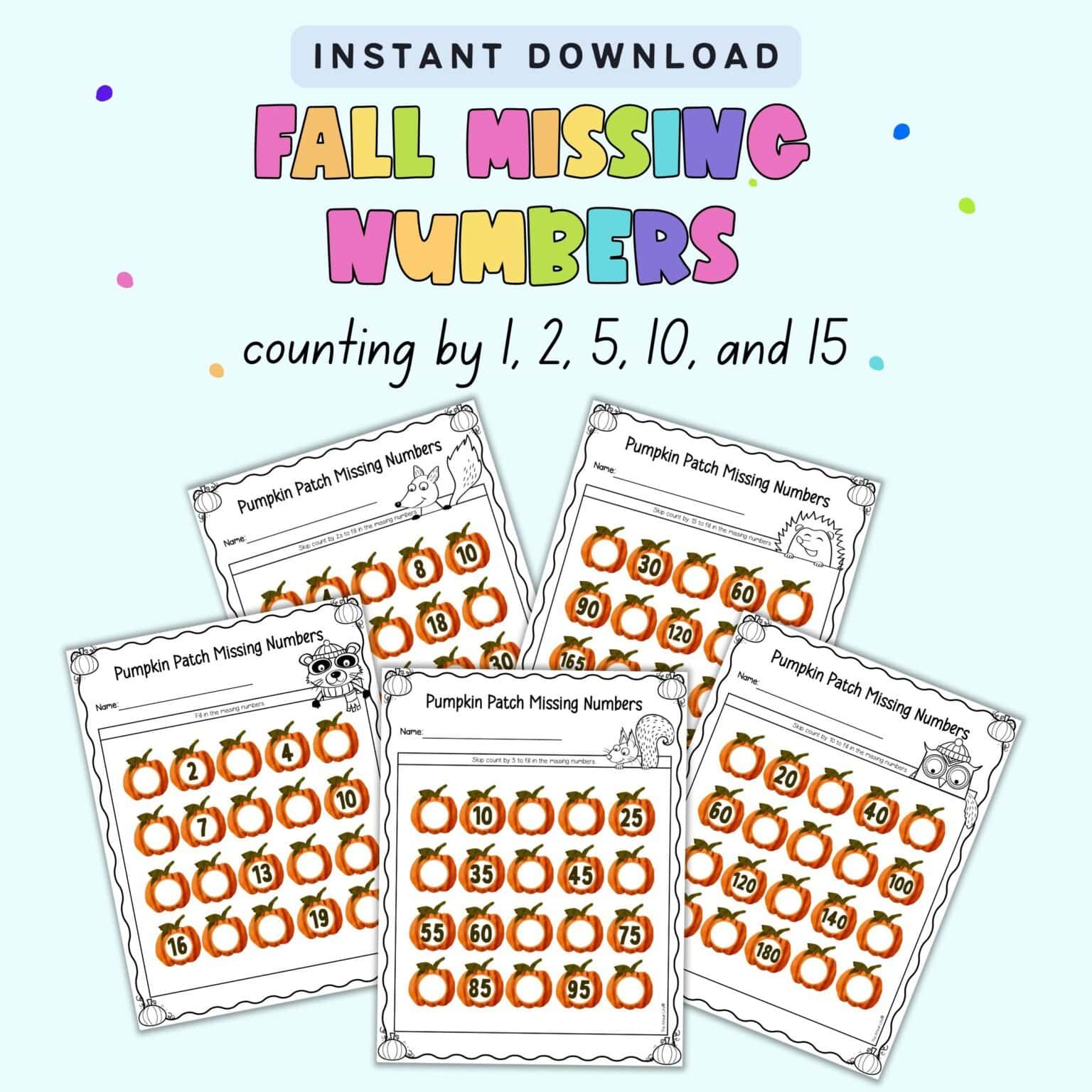 text "instant download fall missing numbers" with a preview of five missing number worksheets with pumpkins