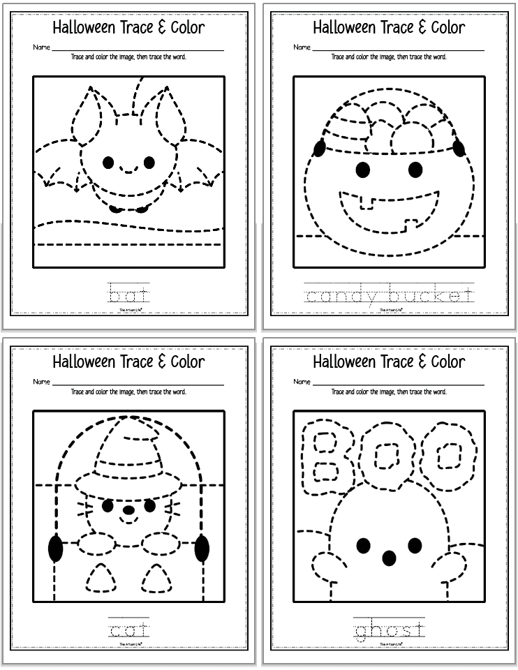 A preview of four Halloween tracing worksheets with vocabulary words to trace. Images include: bat, candy bucket, cat, and ghost