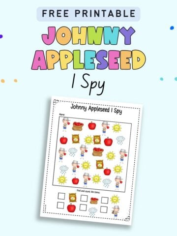 Text "free printable Johnny Appleseed I spy" with a preview of an I Spy page for kids