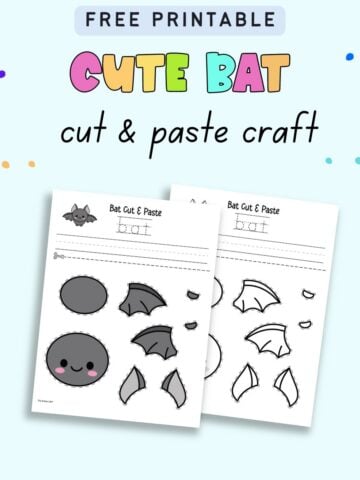 Text "free printable cute bat cut and paste craft" with a preview of a color and a black and white bat craft printable with space for handwriting practice