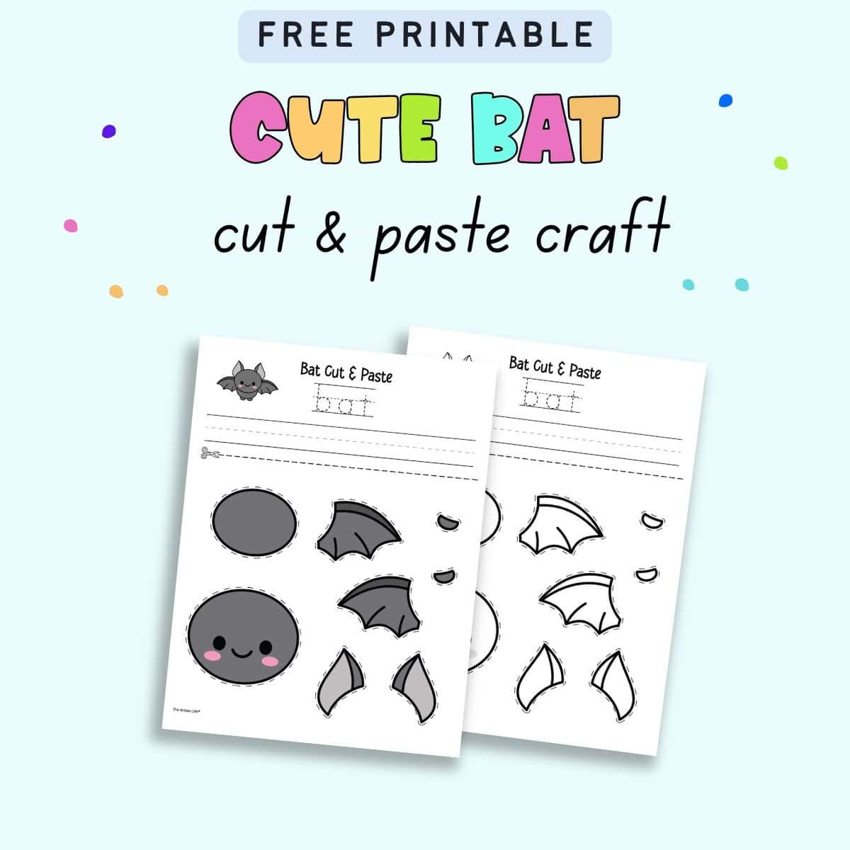 Text "free printable cute bat cut and paste craft" with a preview of a color and a black and white bat craft printable with space for handwriting practice