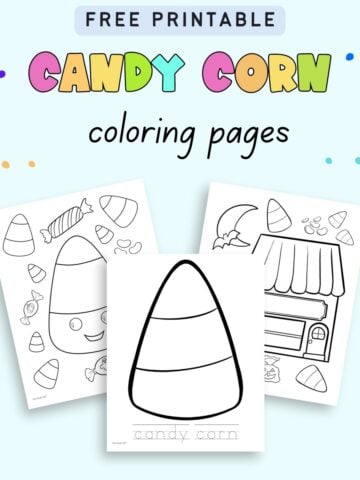 Text "free printable candy corn coloring pages" with a preview of three candy corn coloring pages