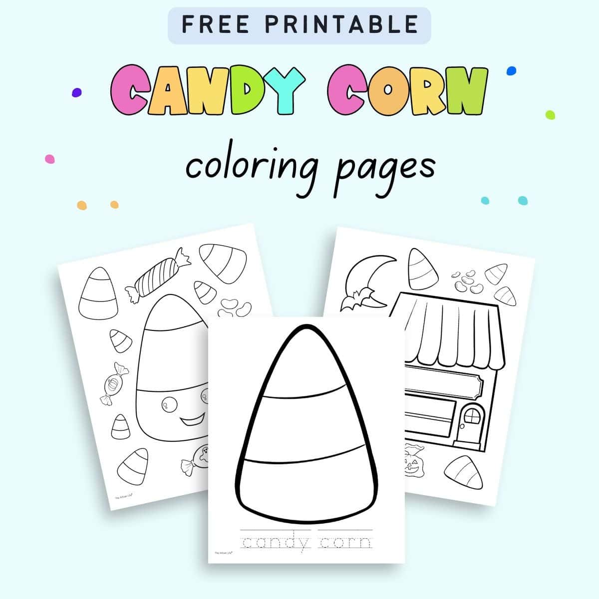 Text "free printable candy corn coloring pages" with a preview of three candy corn coloring pages