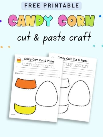 Text "free printable candy corn cut and paste craft" with a color and a black and white candy corn craft page