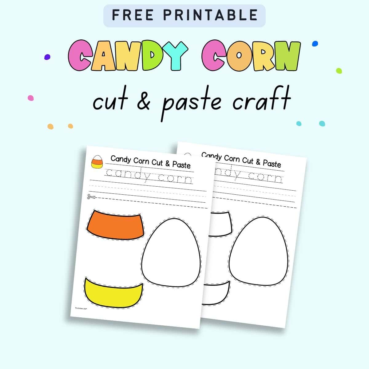 Text "free printable candy corn cut and paste craft" with a color and a black and white candy corn craft page