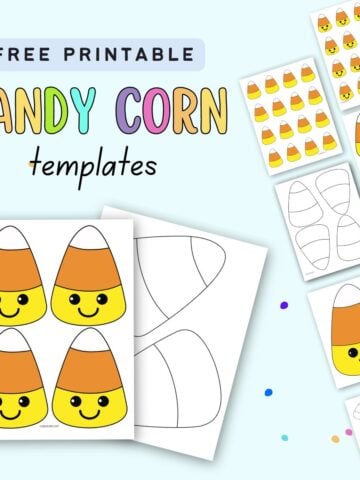 Text "free printable candy corn templates" with a preview of color and black and white candy corn templates