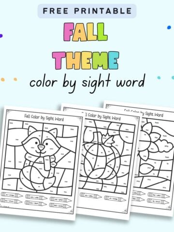 Text "free printable fall theme color by sight word" with a preview of three color by sight word pages.