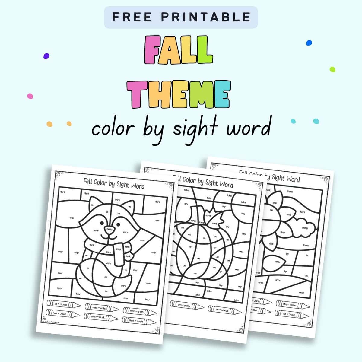 Text "free printable fall theme color by sight word" with a preview of three color by sight word pages.