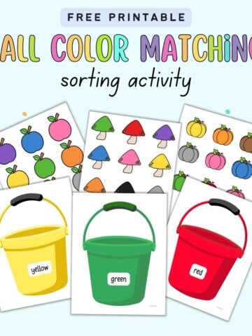 Text "free printable fall color matching sorting activity" with a preview of three colored buckets and three pages of colorful items to sort.