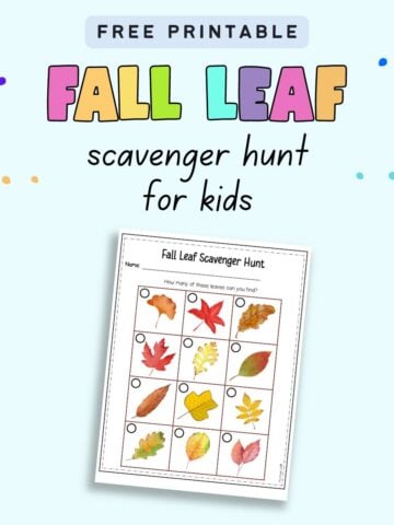 Text "fall leaf scavenger hunt for kids" with a preview of a scavenger hunt showing 12 different fall leaves