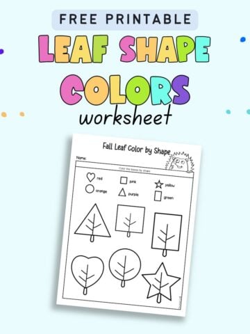 Text "Free printable leaf shape colors worksheet" with a preview of a worksheet asking students to color each leaf shape a particular color