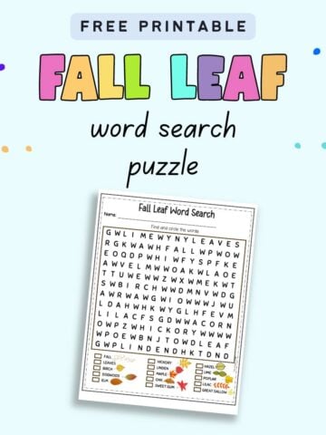 Text "Free printable fall leaf word search puzzle" with a preview of a word search with 15 tree names to find