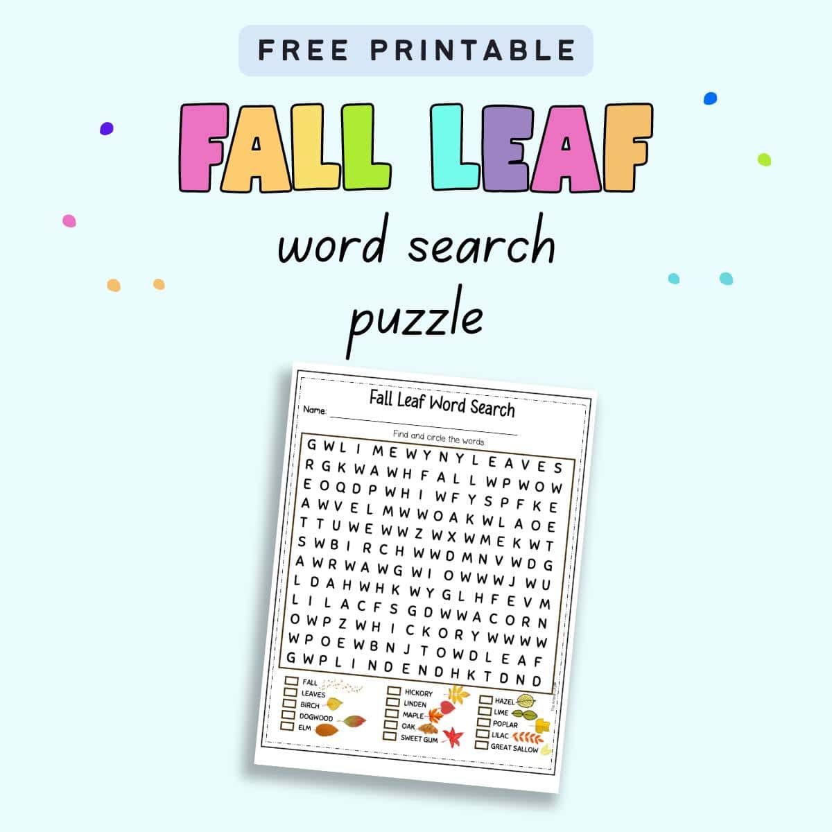 Text "Free printable fall leaf word search puzzle" with a preview of a word search with 15 tree names to find