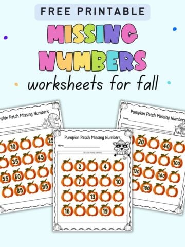 text "Free printable missing number worksheets for fall" with a preview of three missing number worksheets with pumpkins